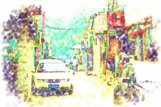 illust, matire, libre, paysage, image, le tableau, crayon de la couleur, colorie, en tirant,D'aprs Beijing, enseigne, voiture, Un fil lectrique, ombrelle