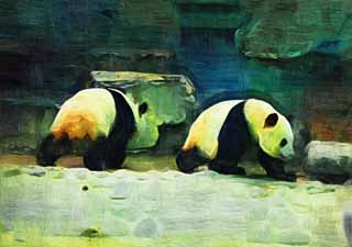 illust, materiell, befreit, Landschaft, Bild, Gemlde, Farbbleistift, Wachsmalstift, Zeichnung,,Riesiger Panda, Panda, , Ich bin schn, Spaziergang