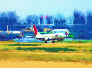 illustration,material,free,landscape,picture,painting,color pencil,crayon,drawing,Landing now, jet, An airport, landing, Arrival