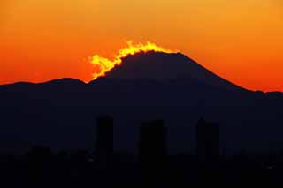 Foto, materieel, vrij, landschap, schilderstuk, bevoorraden foto,Mt. Fuji van de vernietiging door er te afvuren, Instelling zon, Mt. Fuji, Rood, Wolk
