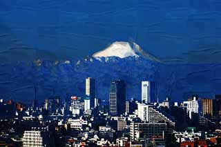 Illust, materieel, vrij, landschap, schilderstuk, schilderstuk, kleuren potlood, crayon, werkje,Mt. Fuji achtergrond, Gebouw groep, Mt. Fuji, Tanzawa, De sneeuw
