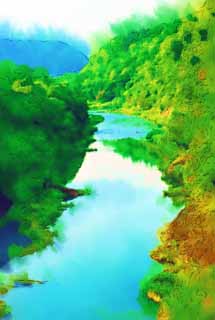 illustration,material,free,landscape,picture,painting,color pencil,crayon,drawing,Sorachi river, rock, virgin forest, Stratum, flow