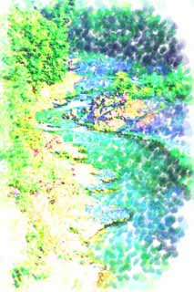 illust, materiell, befreit, Landschaft, Bild, Gemlde, Farbbleistift, Wachsmalstift, Zeichnung,,Sorachi-Fluss, Stein, jungfrulicher Wald, Schicht, Strmung