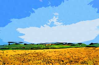 Illust, materieel, vrij, landschap, schilderstuk, schilderstuk, kleuren potlood, crayon, werkje,Een landelijk landschap van Furano, Veld, Populier, Het land, Landelijk landschap
