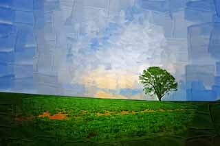 illust, matire, libre, paysage, image, le tableau, crayon de la couleur, colorie, en tirant,Un arbre de la philosophie, champ, arbre, Le pays, dcor rural