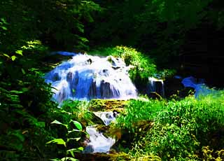 Illust, materieel, vrij, landschap, schilderstuk, schilderstuk, kleuren potlood, crayon, werkje,Oche, het is een waterval van Ney ja, Nevel, Stroom, Nevel van water, Woud