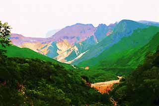 illustration,material,free,landscape,picture,painting,color pencil,crayon,drawing,Mt. Tokachi-dake, The mountaintop, ridgeline, Bave rock, volcano