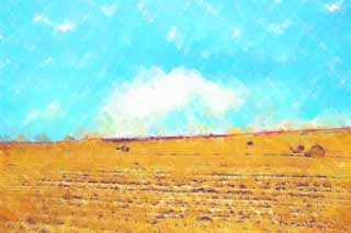 Illust, materieel, vrij, landschap, schilderstuk, schilderstuk, kleuren potlood, crayon, werkje,Een gras kadet, Veld, Gras kadet, Het land, Landelijk landschap