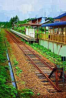 Illust, materieel, vrij, landschap, schilderstuk, schilderstuk, kleuren potlood, crayon, werkje,Yuubari Posteren zich, Platform, De terminal, Terminaal, Parcours