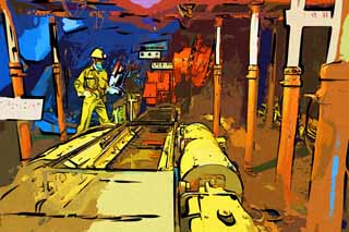 illustration,material,free,landscape,picture,painting,color pencil,crayon,drawing,Yuubari coal mine, The mining industry, coal mine, Coal, worker