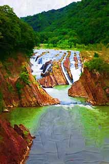 illustration,material,free,landscape,picture,painting,color pencil,crayon,drawing,Yubari River, rock, virgin forest, Stratum, flow