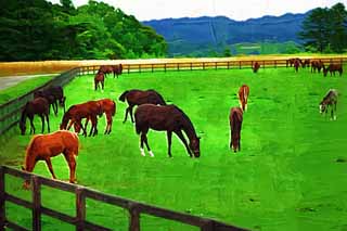 Illust, materieel, vrij, landschap, schilderstuk, schilderstuk, kleuren potlood, crayon, werkje,Het bestaan van ht thoroughbred, De manen, Ik het krijg, Foal, Paard snellend