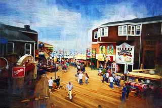 illustration,material,free,landscape,picture,painting,color pencil,crayon,drawing,Pier39, mark, lighter, Fishery products, Sightseeing