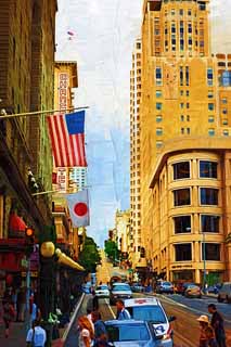 Illust, materieel, vrij, landschap, schilderstuk, schilderstuk, kleuren potlood, crayon, werkje,Volgens San Francisco, Bezoekende touristenplaats, Kabelwagen, Berm boom, Rij van huizen mee een stad straat