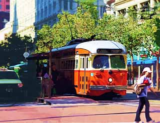 illust, materiale, libero panorama, ritratto dipinto, matita di colore disegna a pastello, disegnando,Un tram, Io sono cinabro rosso, tram, albero della strada, pista