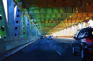 Illust, materieel, vrij, landschap, schilderstuk, schilderstuk, kleuren potlood, crayon, werkje,Snauw brug, Rijweg, Staalskelet, Auto, Brug