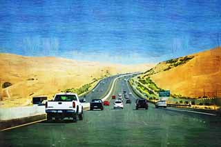 illust, matire, libre, paysage, image, le tableau, crayon de la couleur, colorie, en tirant,Une autoroute, autoroute, Asphalte, voiture, Dsert