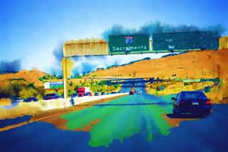 illustration,material,free,landscape,picture,painting,color pencil,crayon,drawing,A highway, highway, Asphalt, car, grade separation