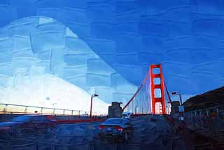illustration,material,free,landscape,picture,painting,color pencil,crayon,drawing,A Golden Gate Bridge, The Golden Gate Bridge, The straits, highway, tourist attraction