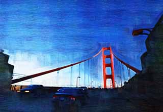 illustration,material,free,landscape,picture,painting,color pencil,crayon,drawing,A Golden Gate Bridge, The Golden Gate Bridge, The straits, highway, tourist attraction