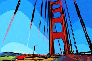 Illust, materieel, vrij, landschap, schilderstuk, schilderstuk, kleuren potlood, crayon, werkje,Een Golden Gate Bridge, De Golden Gate Bridge, De straten, Rijweg, Toeristische aantrekking