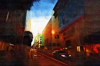 illustration,material,free,landscape,picture,painting,color pencil,crayon,drawing,San Francisco of the dusk, At dark, car, building, Row of houses along a city street