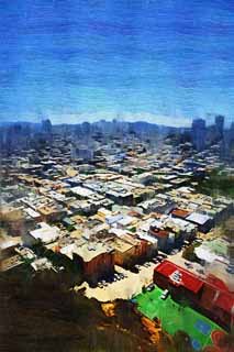 illustration,material,free,landscape,picture,painting,color pencil,crayon,drawing,The sea of San Francisco, high-rise building, Downtown, residential area, slope