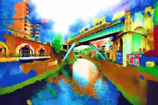 illust, material, livram, paisagem, quadro, pintura, lpis de cor, creiom, puxando,Shohei atravessam, canal, Akihabara, Amarelo, trem