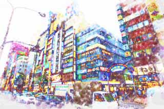 Illust, materieel, vrij, landschap, schilderstuk, schilderstuk, kleuren potlood, crayon, werkje,Kabukicho, Shinjuku, Restaurant, Signboard, Manieren en douane, Illumineringen