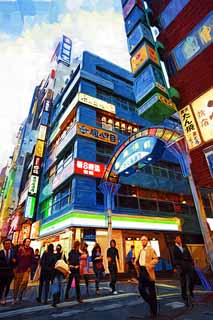 illustration,material,free,landscape,picture,painting,color pencil,crayon,drawing,Kabukicho, Shinjuku, restaurant, signboard, Manners and customs, Illuminations