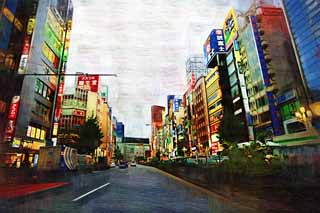 Illust, materieel, vrij, landschap, schilderstuk, schilderstuk, kleuren potlood, crayon, werkje,Kabukicho, Shinjuku, Restaurant, Signboard, Manieren en douane, Illumineringen