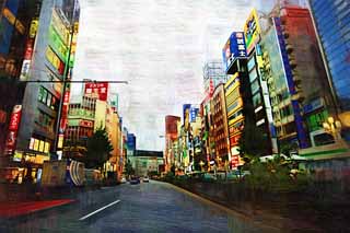 illust, materiell, befreit, Landschaft, Bild, Gemlde, Farbbleistift, Wachsmalstift, Zeichnung,,Kabukicho, Shinjuku, Restaurant, Tafel, Manieren und Sitten, Festliche Beleuchtung