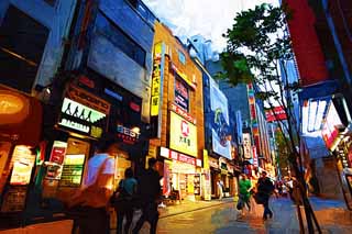 illustration,material,free,landscape,picture,painting,color pencil,crayon,drawing,According to Shinjuku, restaurant, signboard, stone pavement, Illuminations
