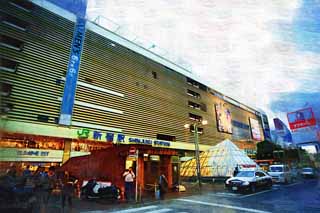 illustration,material,free,landscape,picture,painting,color pencil,crayon,drawing,Shinjuku Station, restaurant, signboard, police car, station building