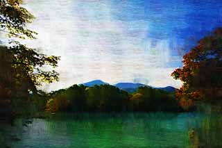 illustration,material,free,landscape,picture,painting,color pencil,crayon,drawing,Lake Bishamon, forest, pond, Azure blue, Mt. Bandai-san