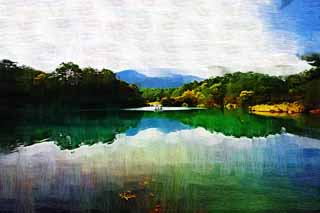 illustration,material,free,landscape,picture,painting,color pencil,crayon,drawing,Lake Bishamon, forest, pond, Azure blue, Mt. Bandai-san