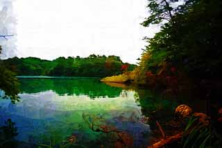 illustration,material,free,landscape,picture,painting,color pencil,crayon,drawing,Lake Bishamon, forest, pond, Azure blue, Mt. Bandai-san