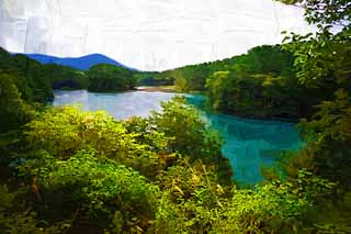illustration,material,free,landscape,picture,painting,color pencil,crayon,drawing,Lake Bishamon, forest, pond, Azure blue, Mt. Bandai-san