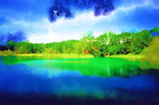 illust, materiale, libero panorama, ritratto dipinto, matita di colore disegna a pastello, disegnando,Moglie di lago di zen-prete principale, foresta, stagno, Blu azzurro, Mt. Bandai-san