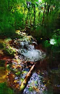 illust, materiell, befreit, Landschaft, Bild, Gemlde, Farbbleistift, Wachsmalstift, Zeichnung,,Adlige Abstammung, Wald, Wasserfall, Bach, Mt. Bandai-san