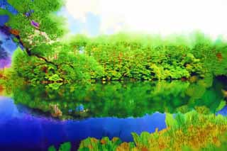 illust, materiell, befreit, Landschaft, Bild, Gemlde, Farbbleistift, Wachsmalstift, Zeichnung,,Yaginuma, Wald, Teich, Die Oberflche des Wassers, Mt. Bandai-san