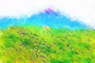 Illust, materieel, vrij, landschap, schilderstuk, schilderstuk, kleuren potlood, crayon, werkje,Aizu Mt. Bandai-san, Vulkaan, Plotselinge huiduitslag, Kleurig verloven, Aizu Fuji