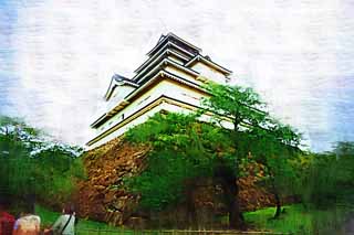 illust, materiell, befreit, Landschaft, Bild, Gemlde, Farbbleistift, Wachsmalstift, Zeichnung,,Die junge Matsushiro-Burg Turm, Wassergraben, Ishigaki, Kurokawa-Burg, Ujisato Gamo