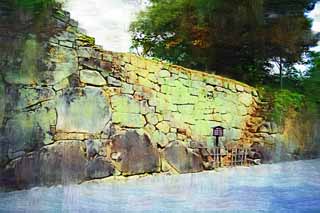 illustration,material,free,landscape,picture,painting,color pencil,crayon,drawing,Young Matsushiro passage along the bank around a castle, moat, Ishigaki, Kurokawa Castle, Ujisato Gamo