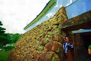 illustration,material,free,landscape,picture,painting,color pencil,crayon,drawing,The young Matsushiro castle tower, moat, Ishigaki, Kurokawa Castle, Ujisato Gamo