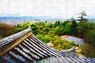 illustration,material,free,landscape,picture,painting,color pencil,crayon,drawing,Aizu Wakamatsu, tile, building, town, The castle tower