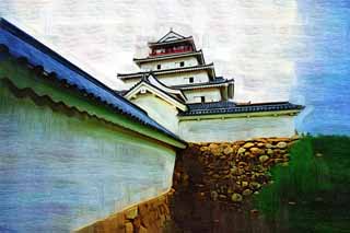 Illust, materieel, vrij, landschap, schilderstuk, schilderstuk, kleuren potlood, crayon, werkje,De jonge Matsushiro kasteel toren, Moat, Ishigaki, Kurokawa Kasteel, Ujisato Gamo