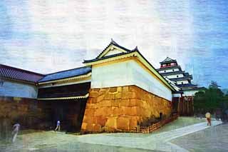 Illust, materieel, vrij, landschap, schilderstuk, schilderstuk, kleuren potlood, crayon, werkje,De jonge Matsushiro ijzer poort, Moat, Ishigaki, Kurokawa Kasteel, Ujisato Gamo