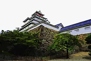 illustration,material,free,landscape,picture,painting,color pencil,crayon,drawing,The young Matsushiro castle tower, moat, Ishigaki, Kurokawa Castle, Ujisato Gamo