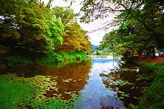 illust, materiell, befreit, Landschaft, Bild, Gemlde, Farbbleistift, Wachsmalstift, Zeichnung,,Junger Matsushiro-Wassergraben, Wassergraben, Ishigaki, Kurokawa-Burg, Ujisato Gamo